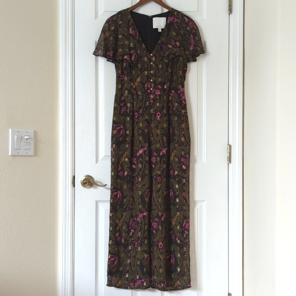 ett:twa by Anthropologie Brenda Boho Floral & Lurex Straight Wide Leg Jumpsuit 4